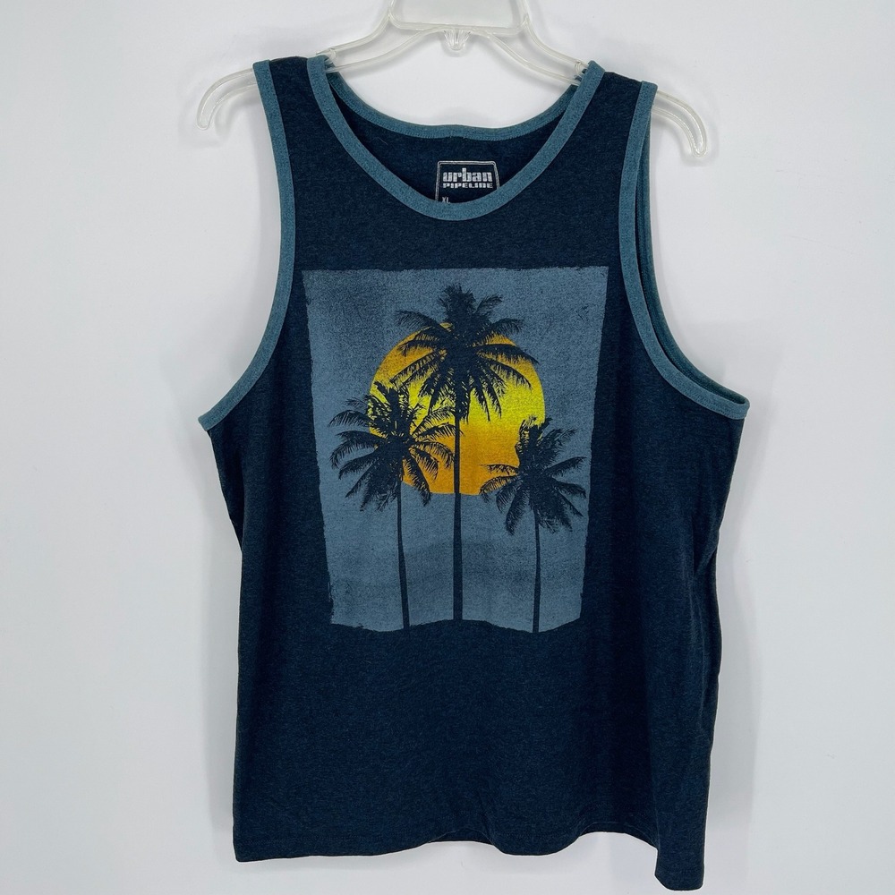 Urban Pipeline Men's Blue Palm Tree Sunset Graphic Ringer Tank Top Size XL